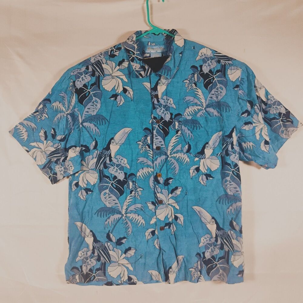 Bermuda Bay Mens Short Sleeve 100% Silk Shirt XXL Blue Tropical Toucan Bird Tree